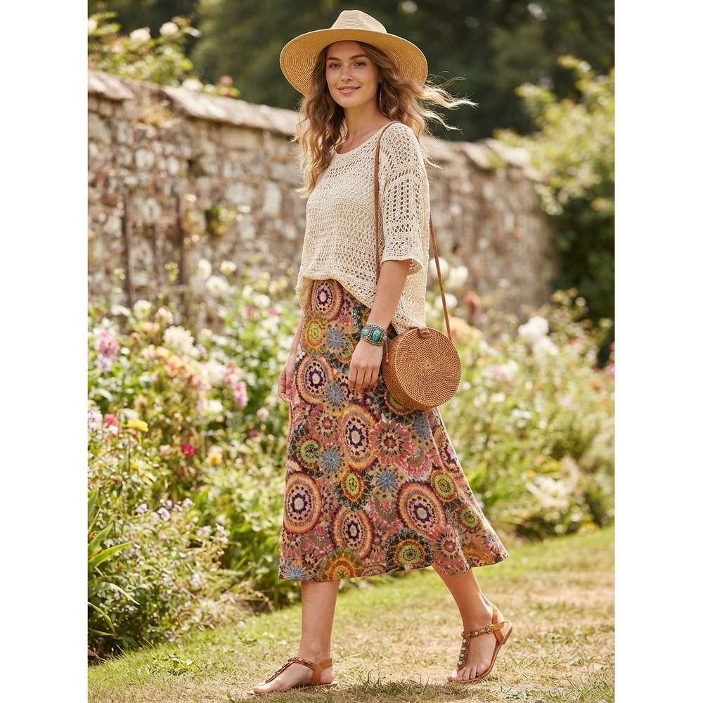 Jane Ashley Womens Small Boho Mandala Medallion Print Jersey Knit Midi Skirt